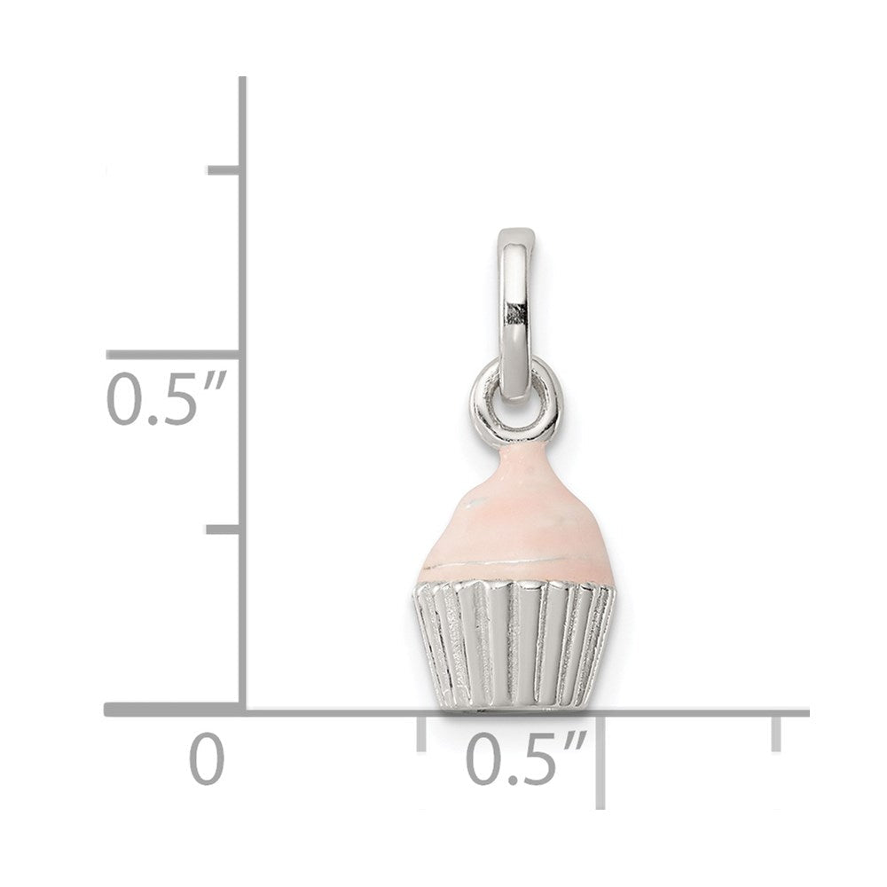 Sterlingsilber Poliert & Rosa Emailliert Cupcake Kinder Anhänger