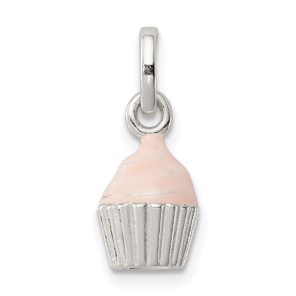 Sterlingsilber Poliert & Rosa Emailliert Cupcake Kinder Anhänger
