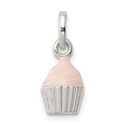 Sterlingsilber Poliert & Rosa Emailliert Cupcake Kinder Anhänger