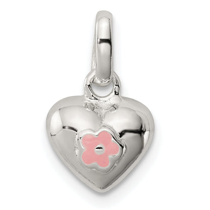 Sterlingsilber Poliert Rosa Emaille Blume auf Herz Kinder Anhänger