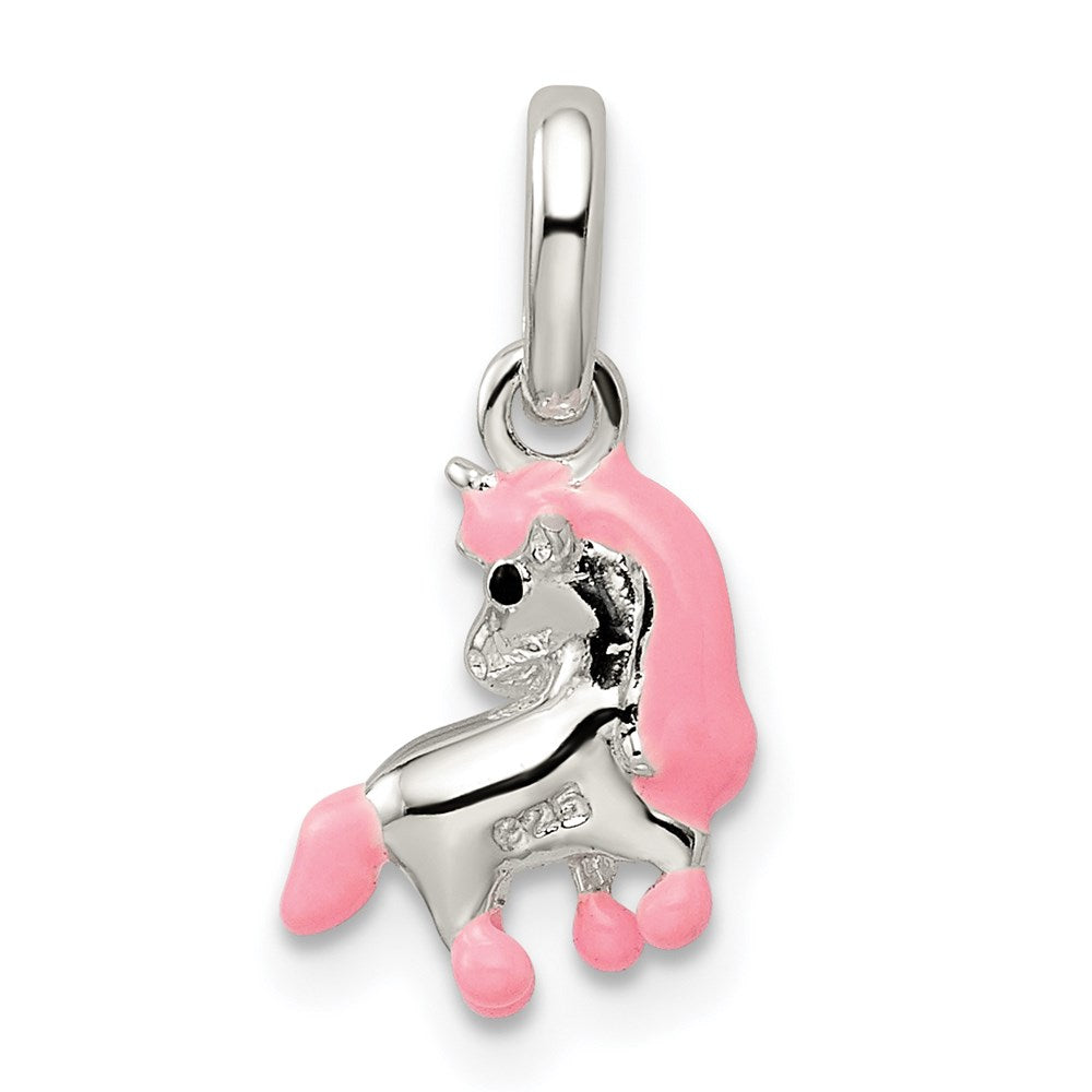 Sterlingsilber Poliert Rosa & Schwarz Emailliert Pony Kinder Anhänger