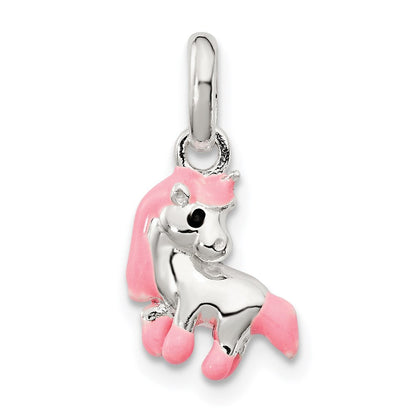 Sterlingsilber Poliert Rosa & Schwarz Emailliert Pony Kinder Anhänger