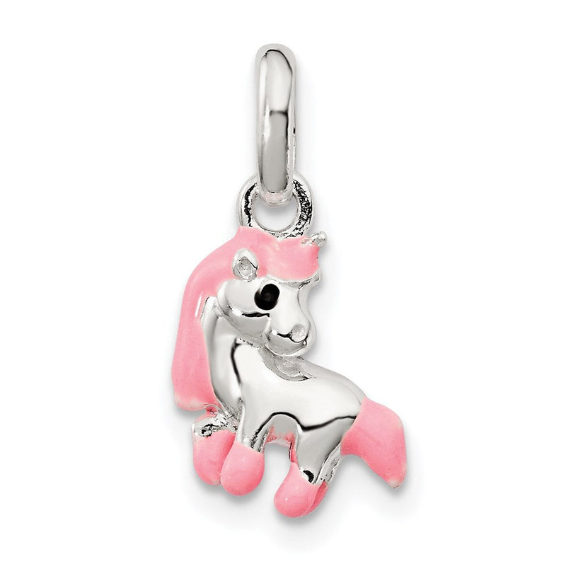 Sterlingsilber Poliert Rosa & Schwarz Emailliert Pony Kinder Anhänger