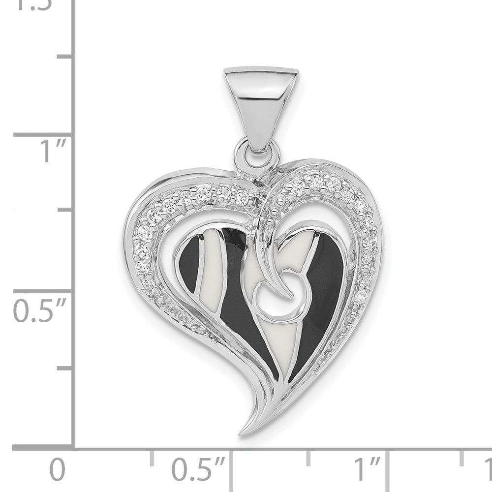 Sterlingsilber Poliert Schwarz & Weiß Emaille Zirkonia Herz Anhänger