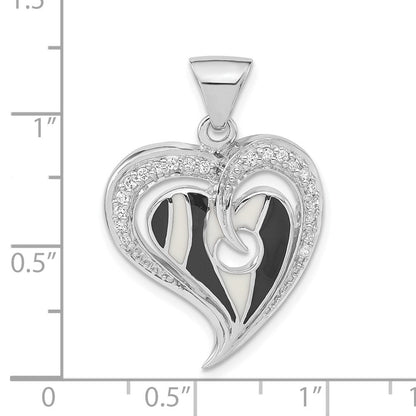 Sterlingsilber Poliert Schwarz & Weiß Emaille Zirkonia Herz Anhänger
