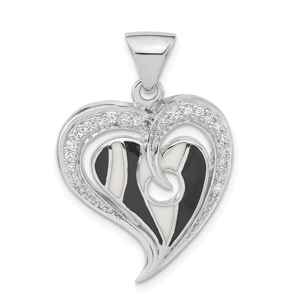 Sterlingsilber Poliert Schwarz & Weiß Emaille Zirkonia Herz Anhänger