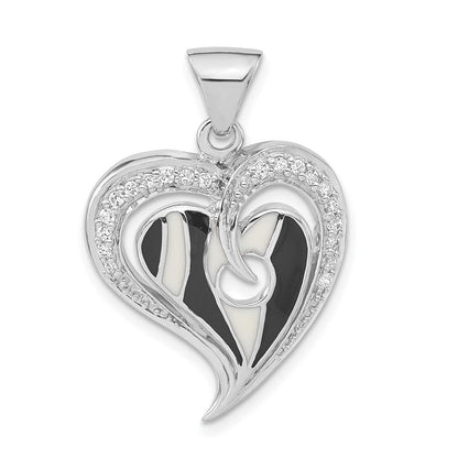 Sterlingsilber Poliert Schwarz & Weiß Emaille Zirkonia Herz Anhänger