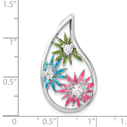 Sterlingsilber Zirkonia & Blau, Grün Rosa Emaille Blumen Tropfen Anhänger
