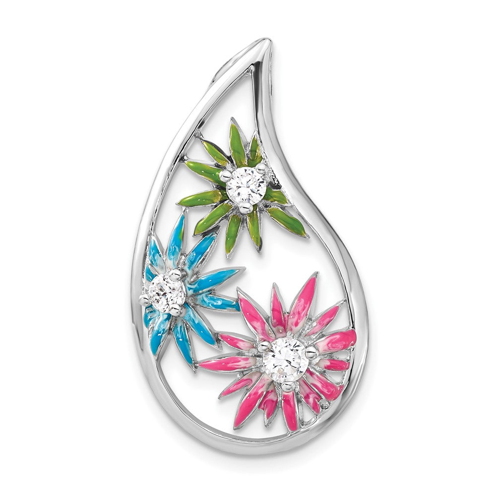 Sterlingsilber Zirkonia & Blau, Grün Rosa Emaille Blumen Tropfen Anhänger