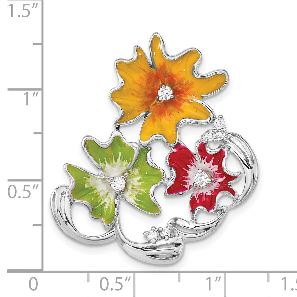 Sterlingsilber Poliert Rot, Grün & Gelb Emaille Zirkonia Blume Anhänger