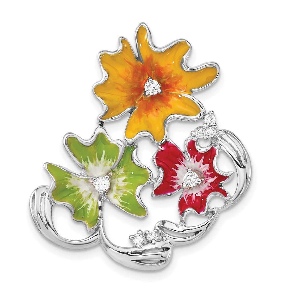 Sterlingsilber Poliert Rot, Grün & Gelb Emaille Zirkonia Blume Anhänger