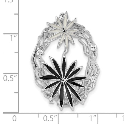 Sterlingsilber Poliert & Satiniert Schwarz Weiß Emaille Zirkonia Anhänger