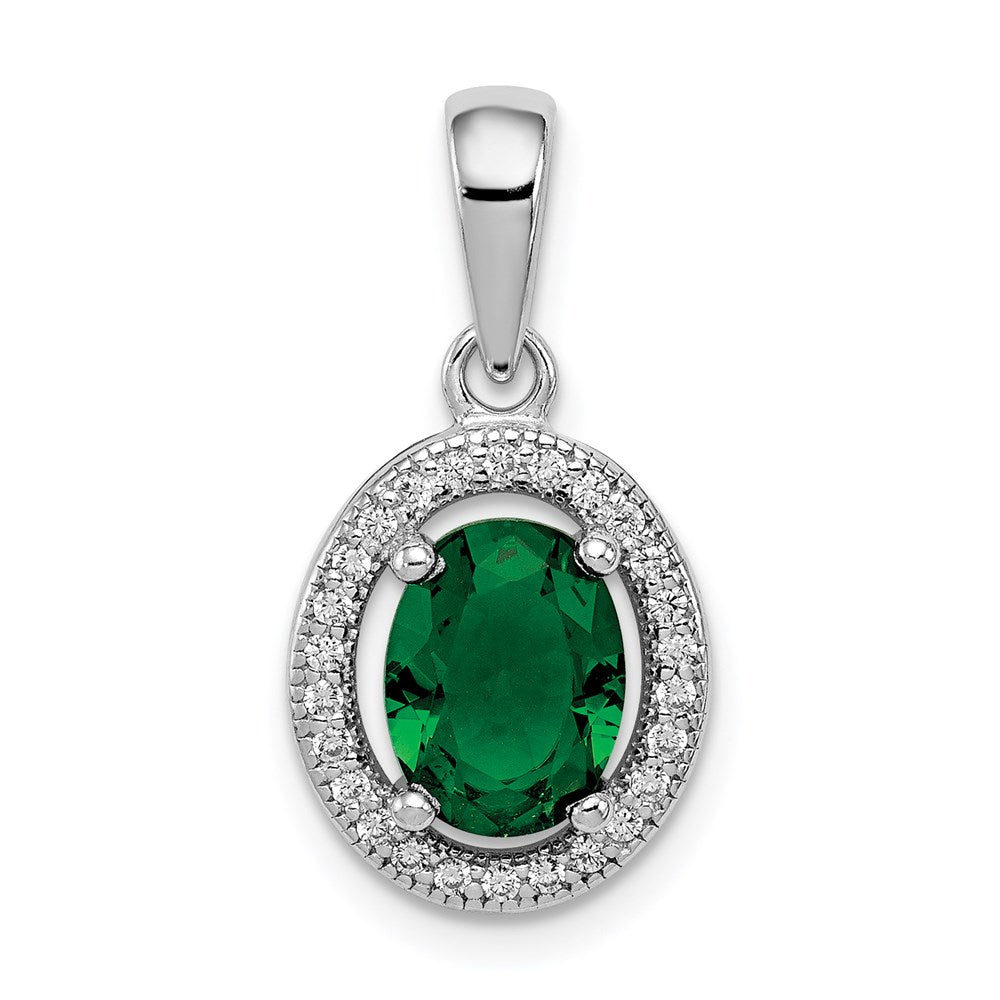 Sterlingsilber Rhodiniert mit Grün und Weiß Zirkonia Oval Anhänger