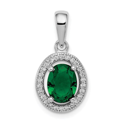 Sterlingsilber Rhodiniert mit Grün und Weiß Zirkonia Oval Anhänger