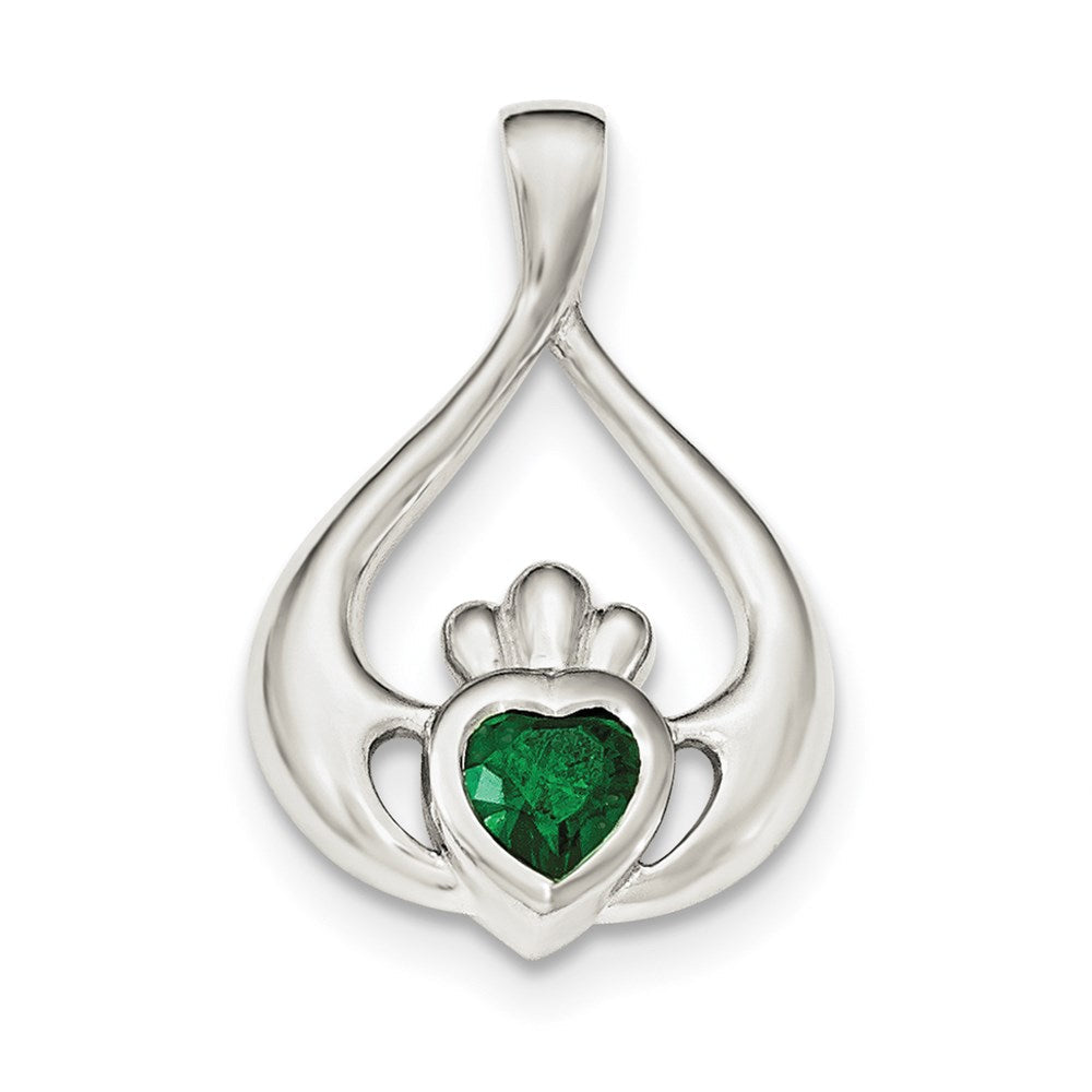Sterlingsilber Rhodiniert Grün Zirkonia Herz Claddagh Anhänger