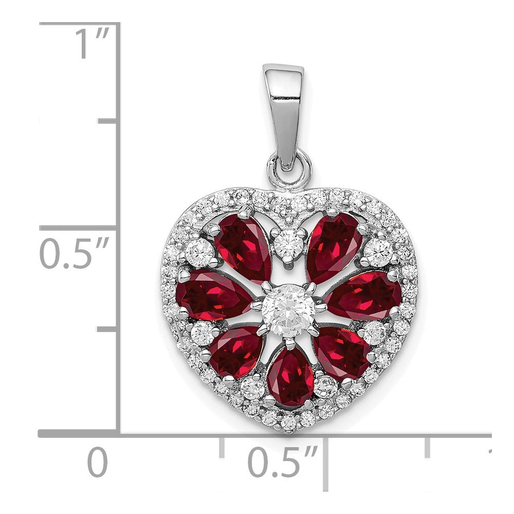 Sterlingsilber Rhodiniert Poliert Zirkonia und Lab Cr. Rubin Herz Anhänger