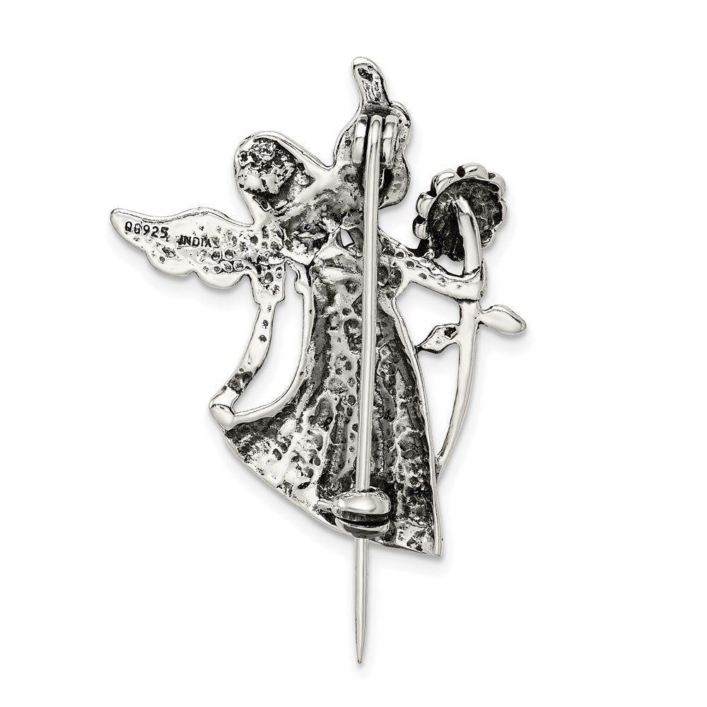 Sterlingsilber Poliert & Antik Engel mit Blume Brosche