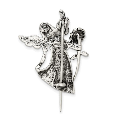 Sterlingsilber Poliert & Antik Engel mit Blume Brosche