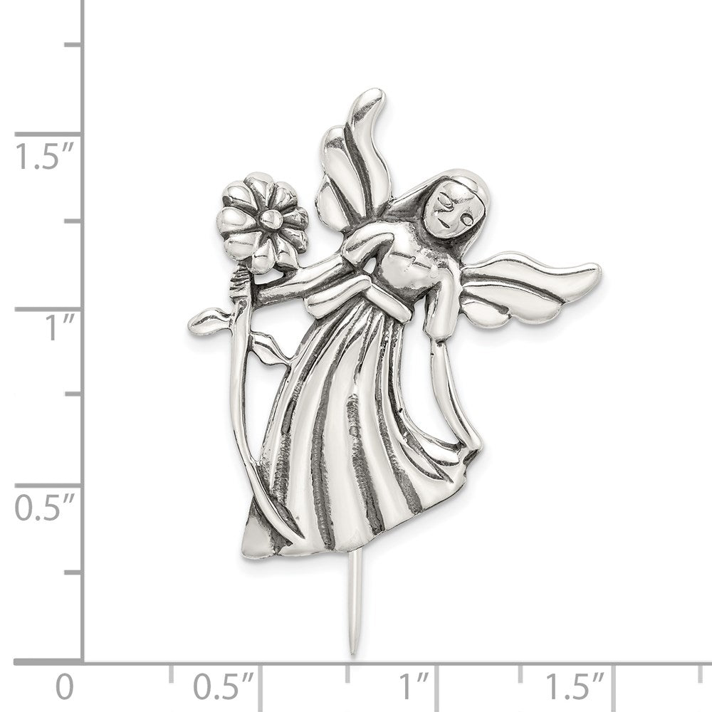 Sterlingsilber Poliert & Antik Engel mit Blume Brosche