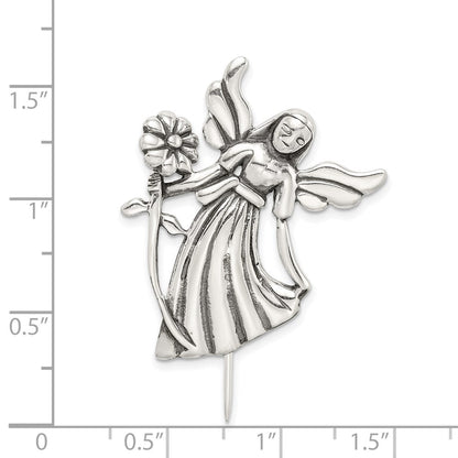 Sterlingsilber Poliert & Antik Engel mit Blume Brosche