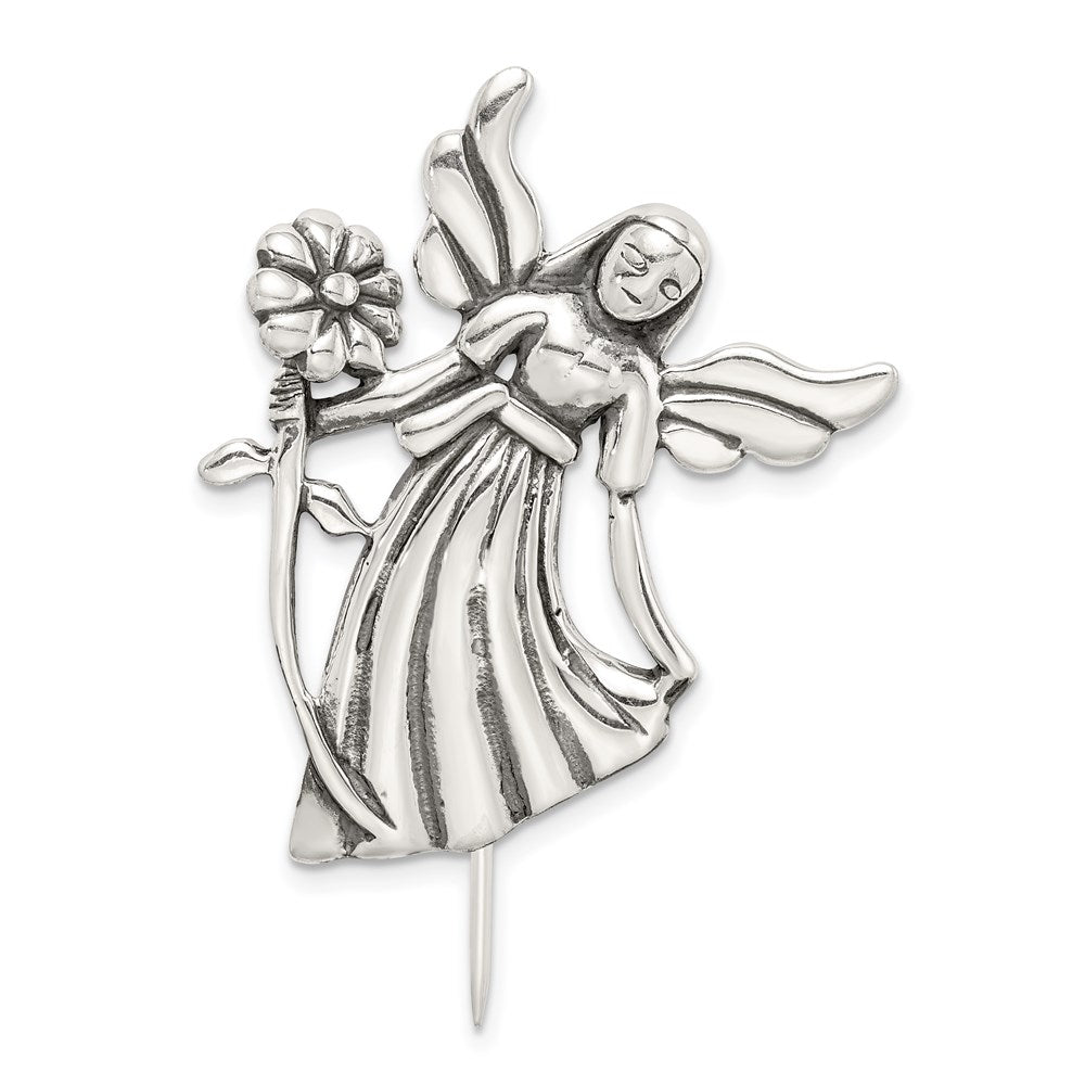 Sterlingsilber Poliert & Antik Engel mit Blume Brosche