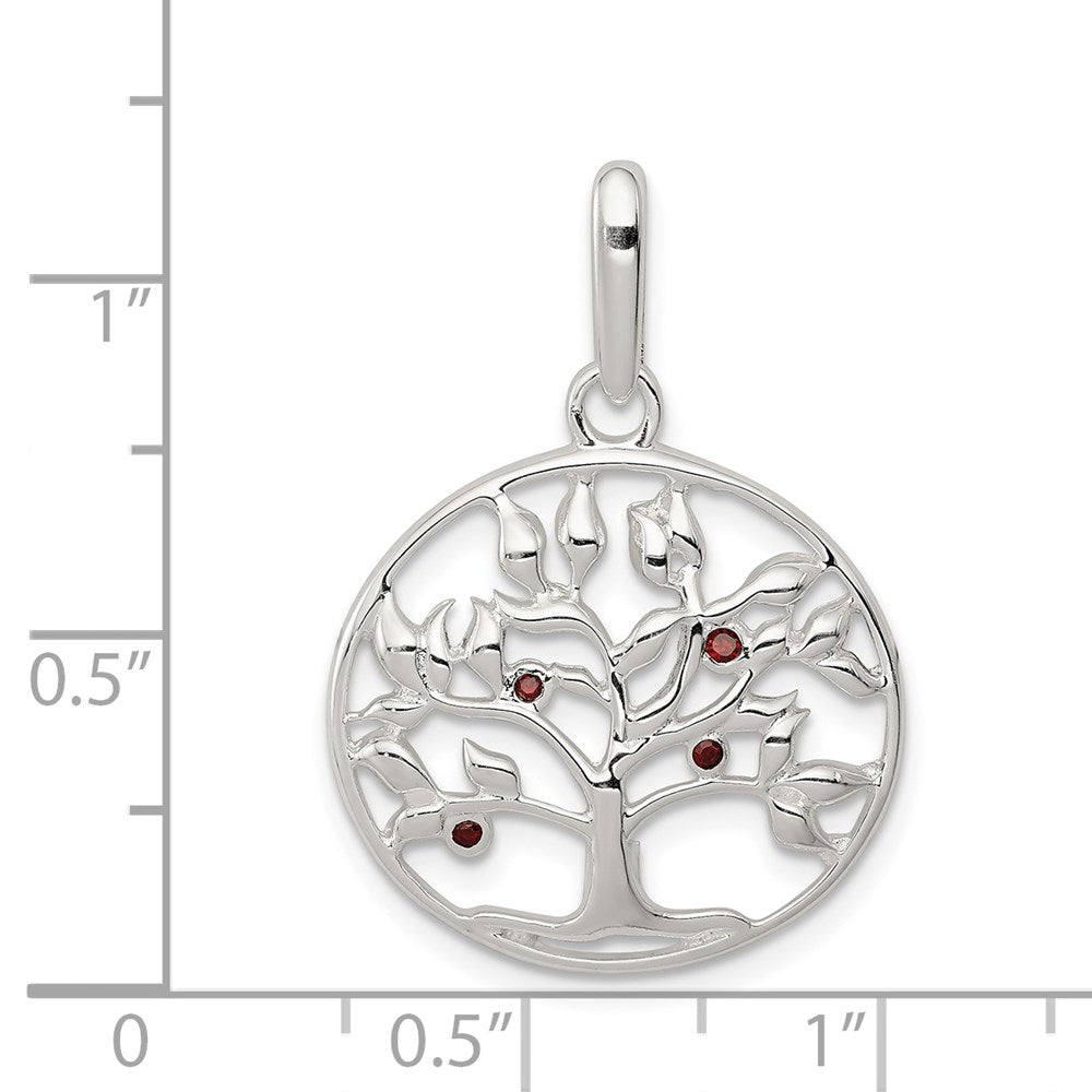 Sterlingsilber Poliert Rot Zirkonia Baum Kreis Anhänger