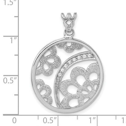 Sterlingsilber Rhodiniert Strukturiert Zirkonia Blumen Kreis Anhänger