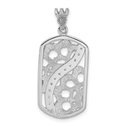 Sterlingsilber Rhodiniert Strukturiert Zirkonia Blumen Ausgeschnitten Dogtag Anhänger