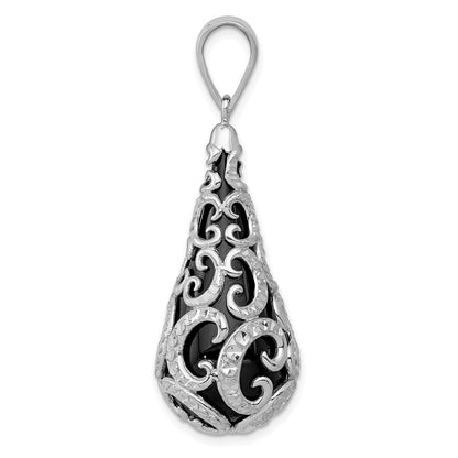 Sterlingsilber Rhodiniert Filigran Diamantiert Muster Onyx Tropfen Hängend Anhänger