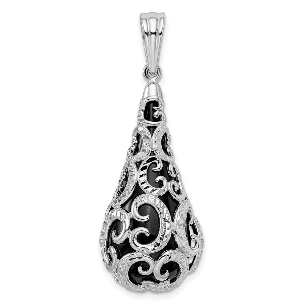 Sterlingsilber Rhodiniert Filigran Diamantiert Muster Onyx Tropfen Hängend Anhänger