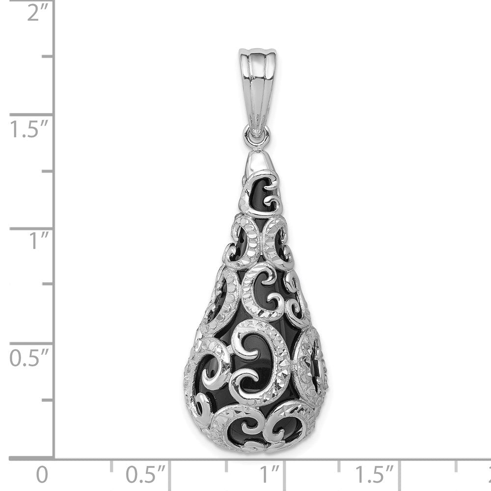 Sterlingsilber Rhodiniert Filigran Diamantiert Muster Onyx Tropfen Hängend Anhänger