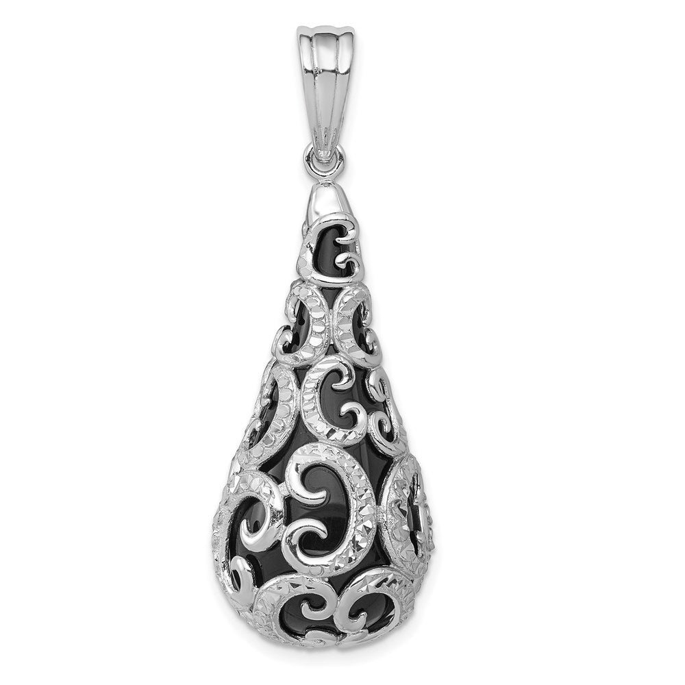 Sterlingsilber Rhodiniert Filigran Diamantiert Muster Onyx Tropfen Hängend Anhänger