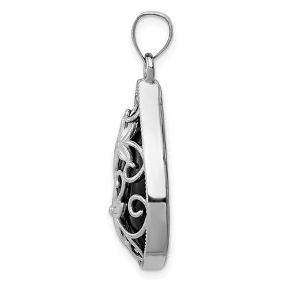Sterlingsilber Rhodiniert Filigran Blumen Diamantiert Onyx Tropfen Hängend Anhänger
