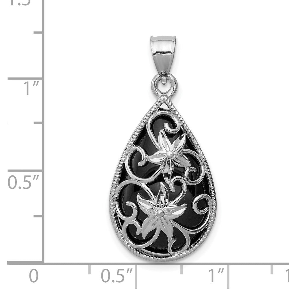Sterlingsilber Rhodiniert Filigran Blumen Diamantiert Onyx Tropfen Hängend Anhänger