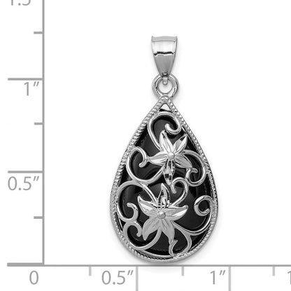 Sterlingsilber Rhodiniert Filigran Blumen Diamantiert Onyx Tropfen Hängend Anhänger