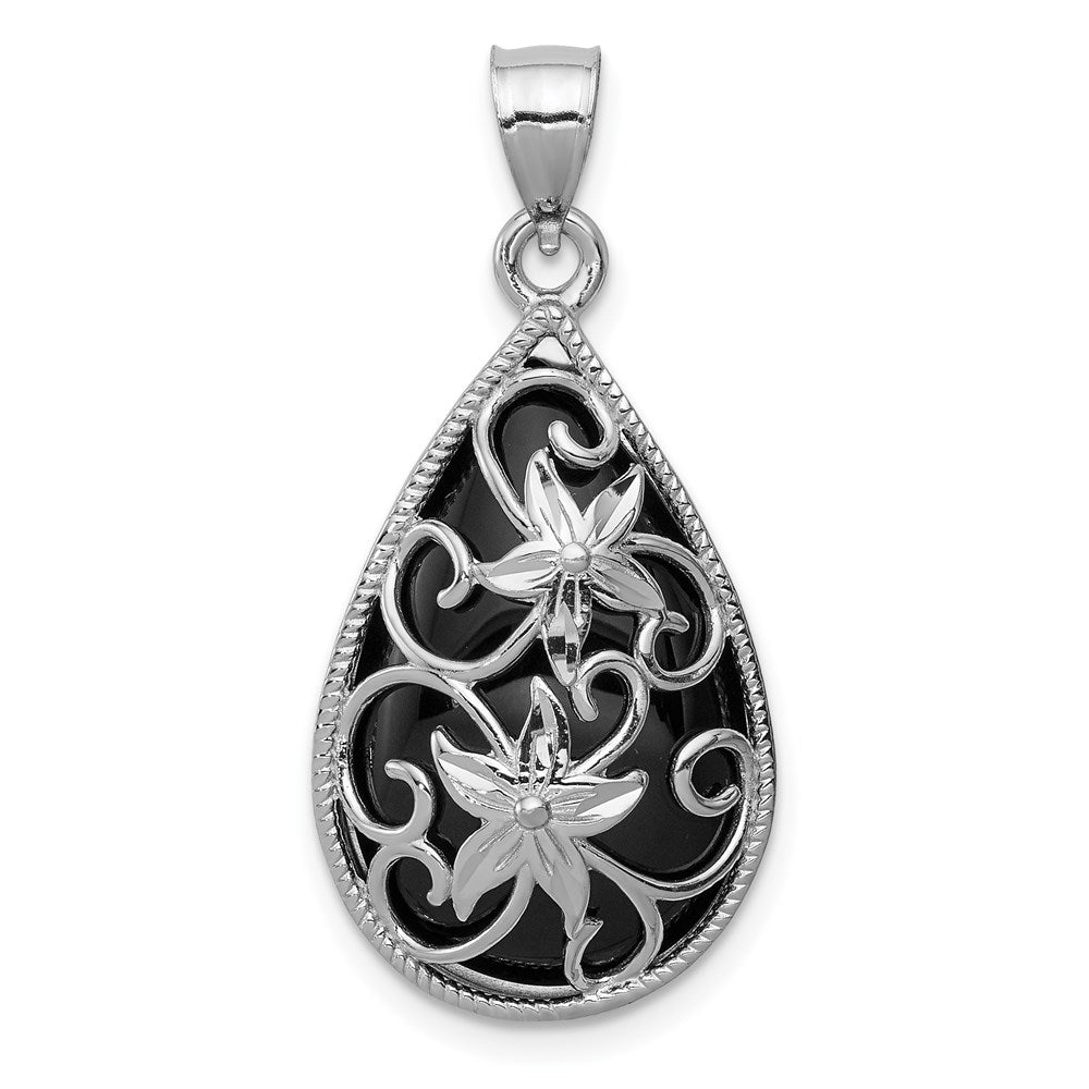 Sterlingsilber Rhodiniert Filigran Blumen Diamantiert Onyx Tropfen Hängend Anhänger
