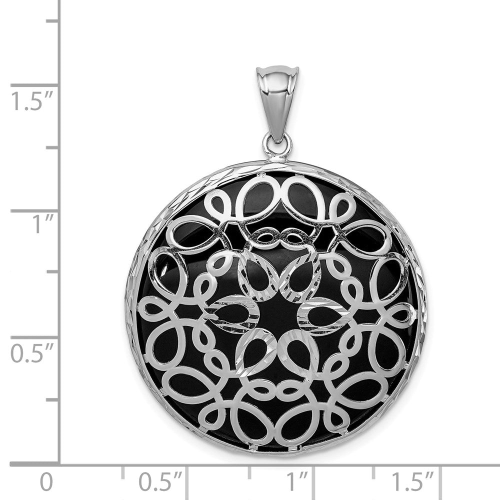 Sterlingsilber Rhodiniert Filigran Diamantiert Onyx Kreis Hängend Anhänger