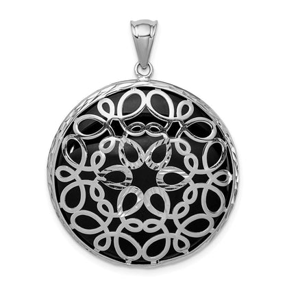 Sterlingsilber Rhodiniert Filigran Diamantiert Onyx Kreis Hängend Anhänger