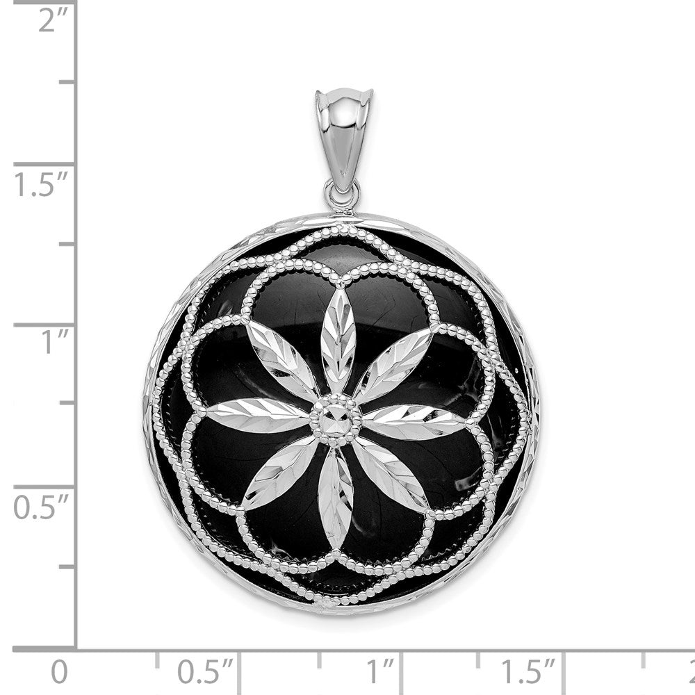 Sterlingsilber Rhodiniert Filigran Diamantiert Starburst Onyx Kreis Hängend Anhänger