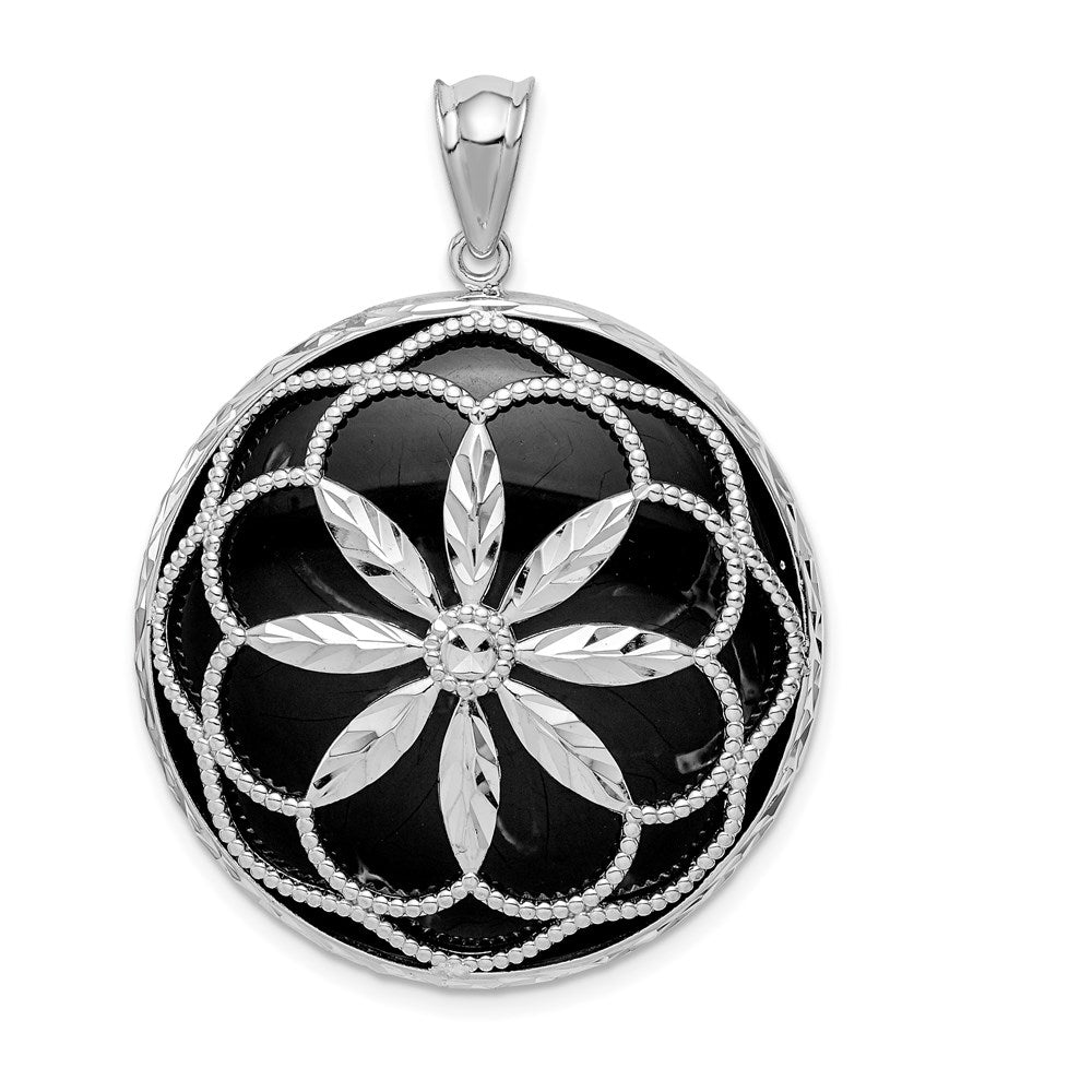 Sterlingsilber Rhodiniert Filigran Diamantiert Starburst Onyx Kreis Hängend Anhänger