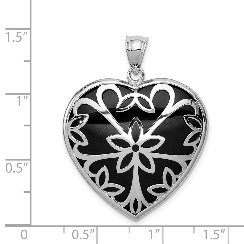 Sterlingsilber Rhodiniert Filigran Blumen Onyx Herz Hängend Anhänger