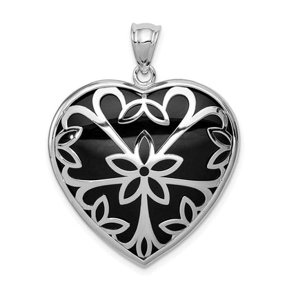 Sterlingsilber Rhodiniert Filigran Blumen Onyx Herz Hängend Anhänger