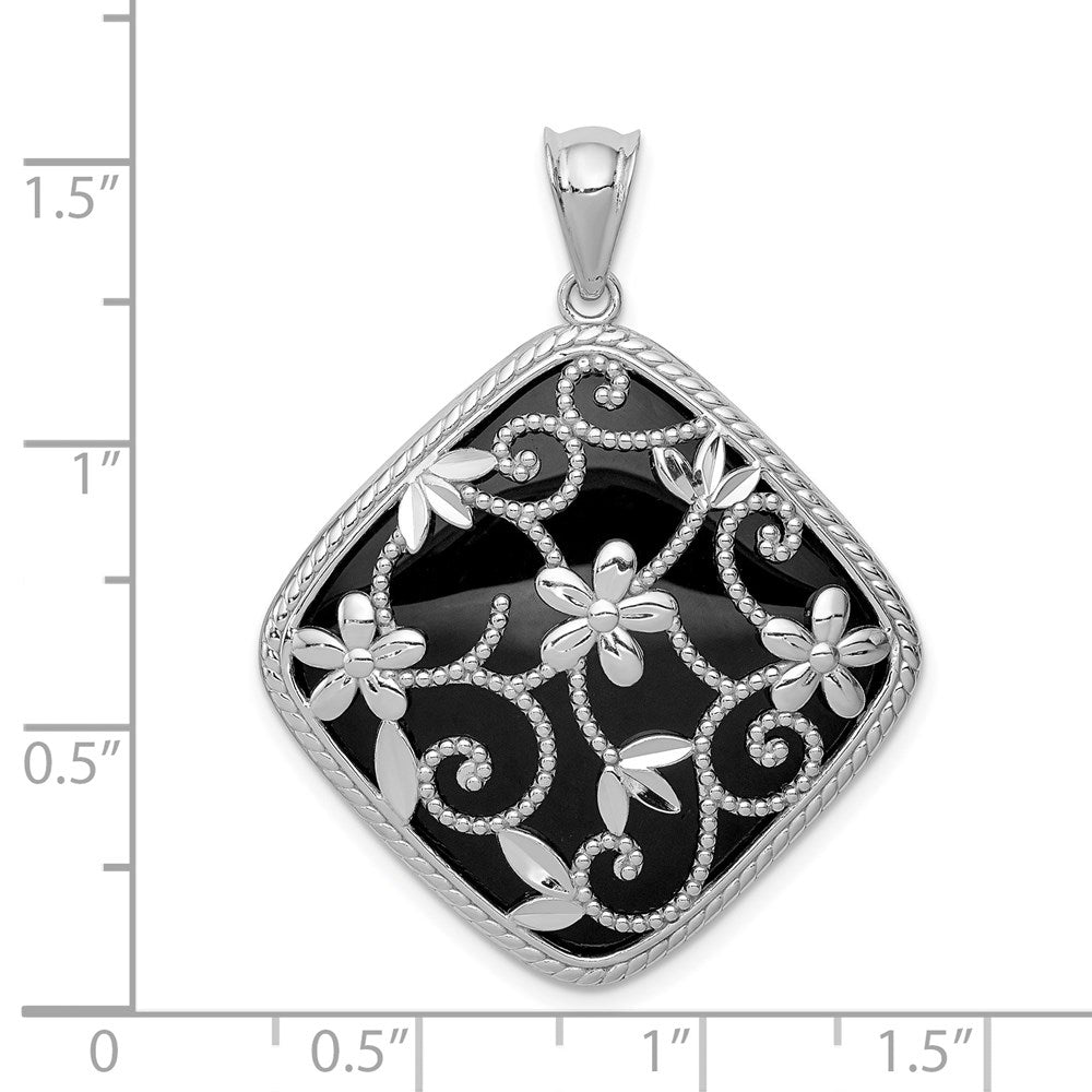 Sterlingsilber Rhodiniert Filigran Blumen Diamantiert Onyx Form Hängend Anhänger