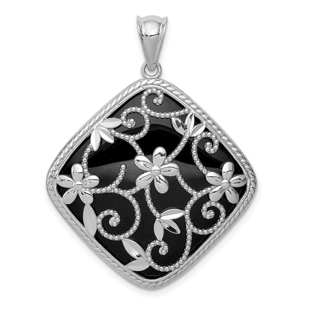 Sterlingsilber Rhodiniert Filigran Blumen Diamantiert Onyx Form Hängend Anhänger