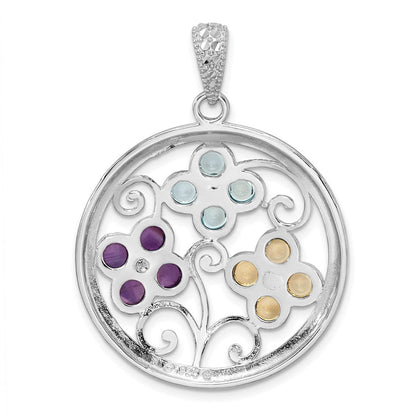 Sterlingsilber Rhodiniert Citrin Bl Topas & Amethyst Blume Anhänger