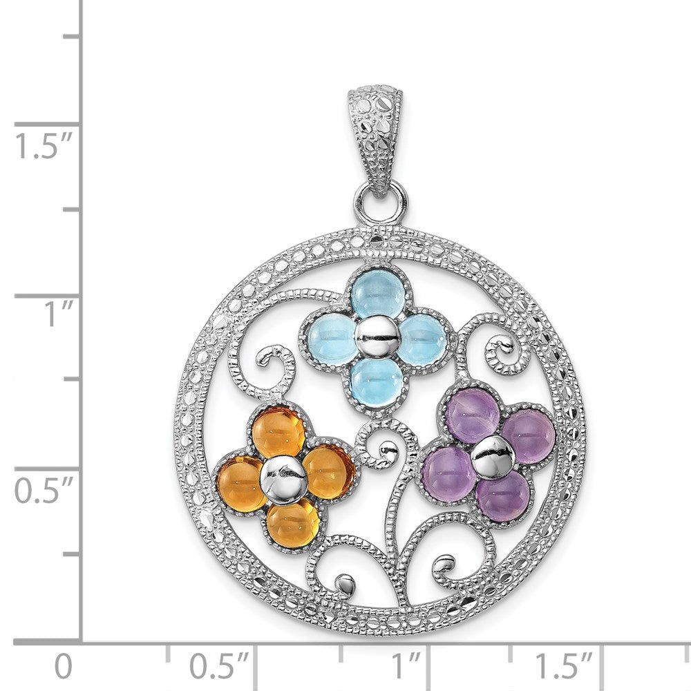 Sterlingsilber Rhodiniert Citrin Bl Topas & Amethyst Blume Anhänger