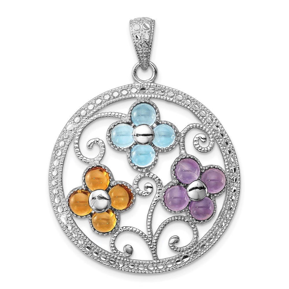Sterlingsilber Rhodiniert Citrin Bl Topas & Amethyst Blume Anhänger