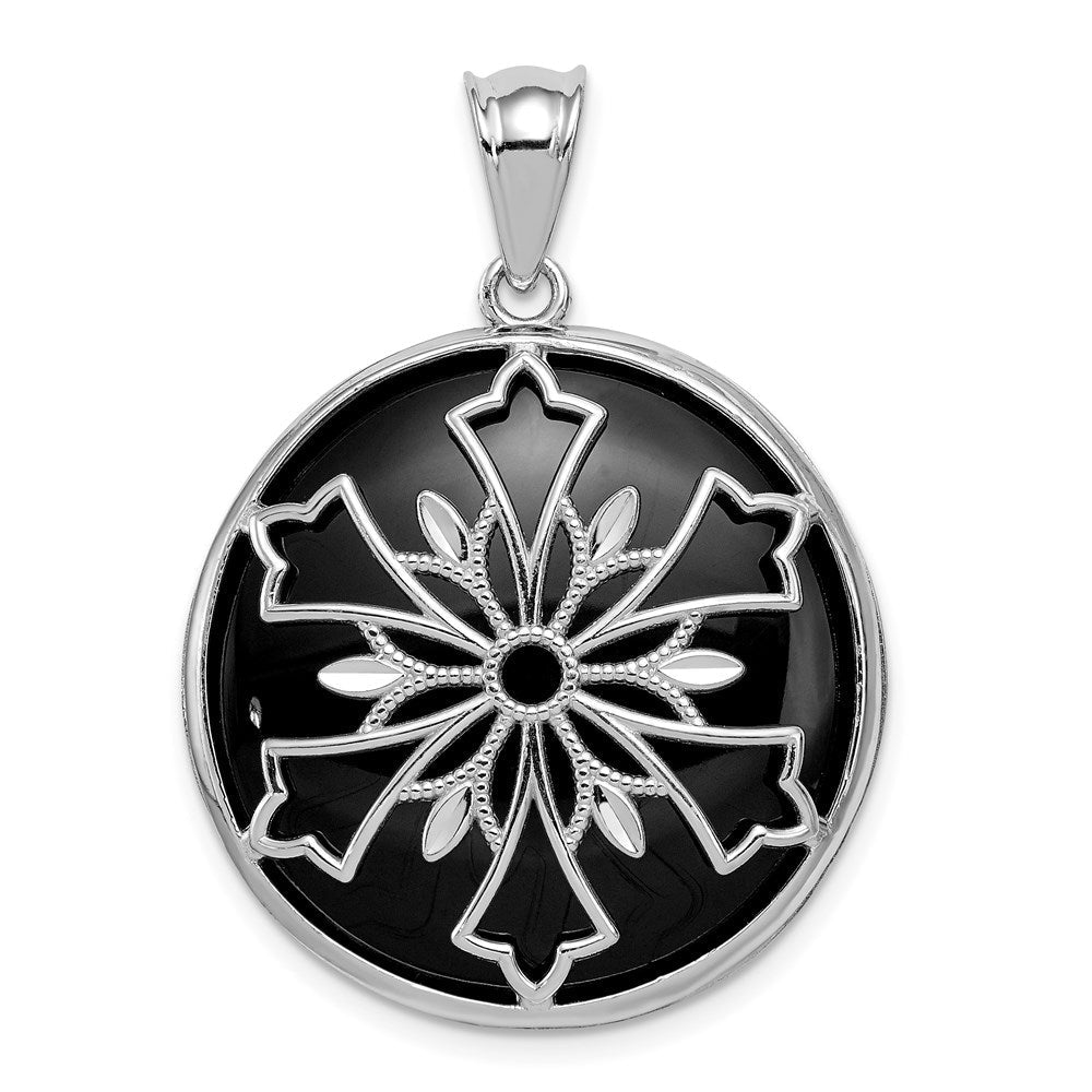 Sterlingsilber Rhodiniert Schneeflocke Diamantiert Perlmutt und Onyx Wendbar Anhänger