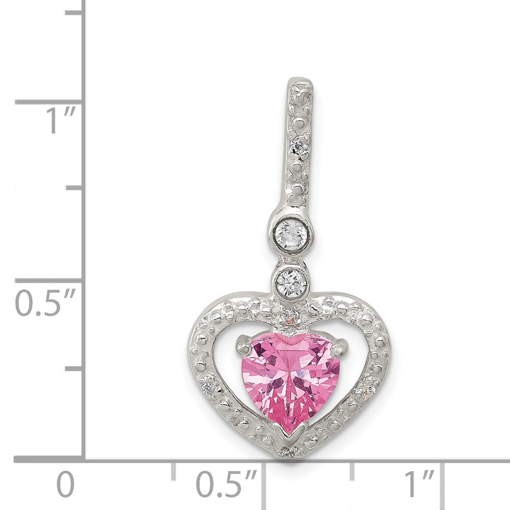 Sterlingsilber Poliert Klar Zirkonia und Rosa Herz Anhänger