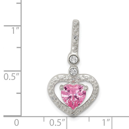 Sterlingsilber Poliert Klar Zirkonia und Rosa Herz Anhänger